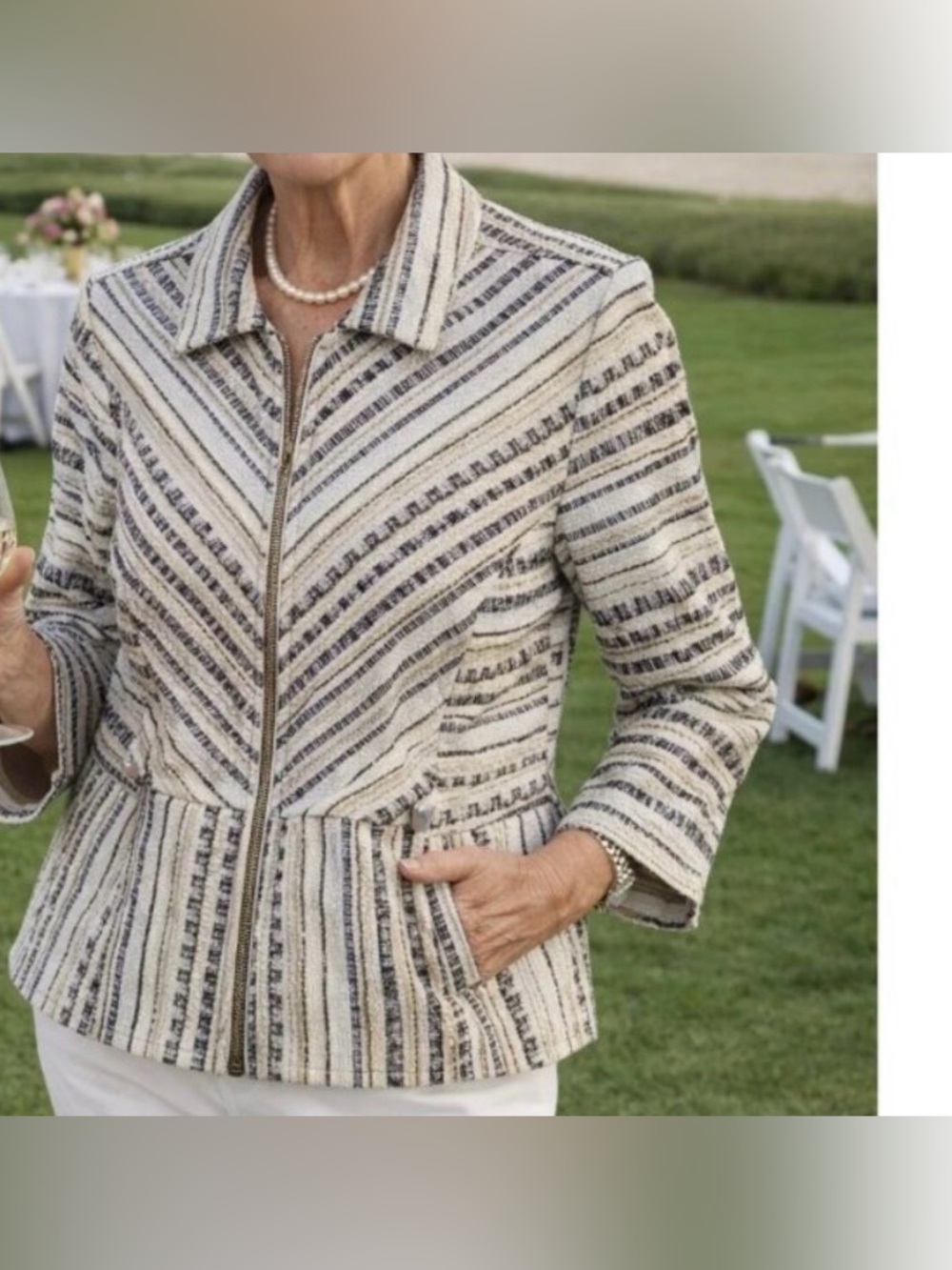 Chico's Textured Cotton Blend Cream and Black Striped Full Zip Jacket Size:2